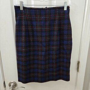 Talbots Pencil Skirt Womens 8P Petite Blue‎ Black Plaid Wool Vintage USA Tartan